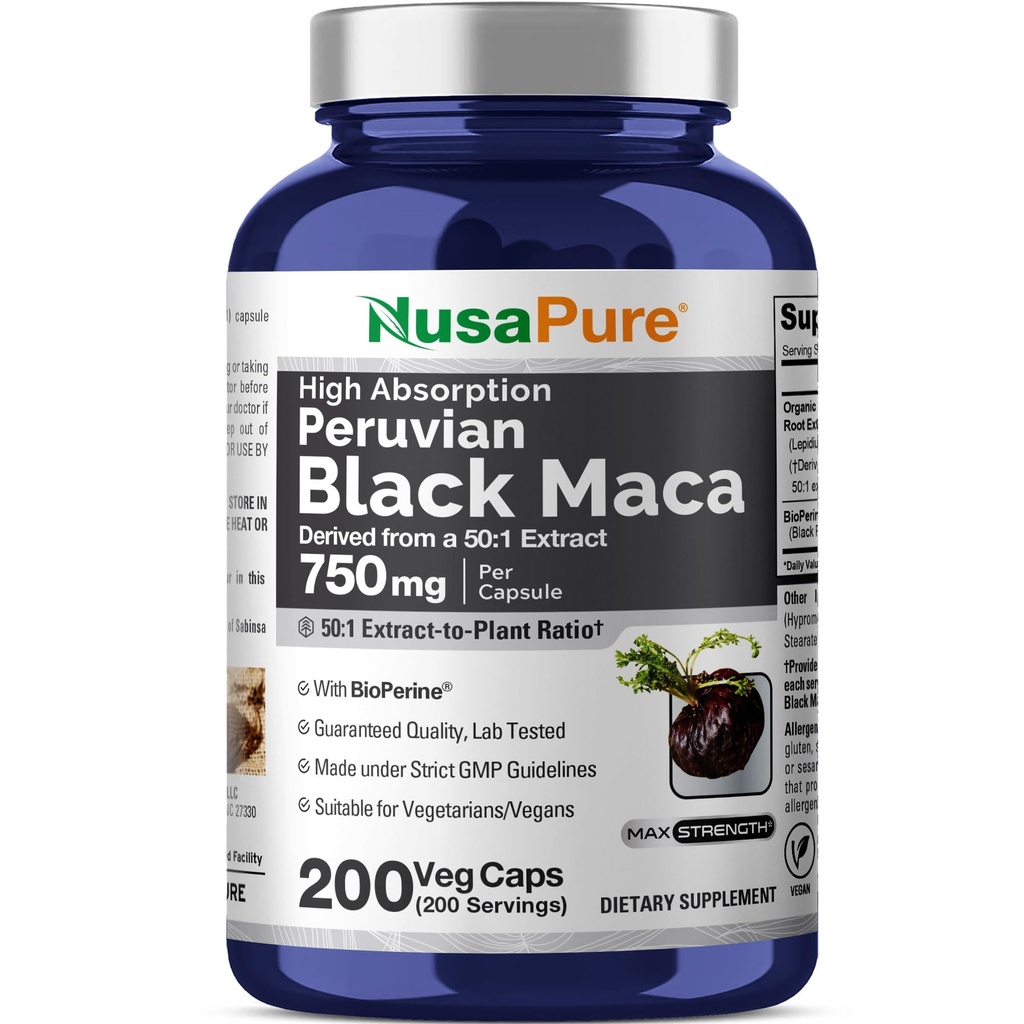 NusaPure Musta Maca Root 50:1 uute, 750 mg vastaten 37500 mg 200 kasvisper Caps (Vegaani, muu kuin GMO)