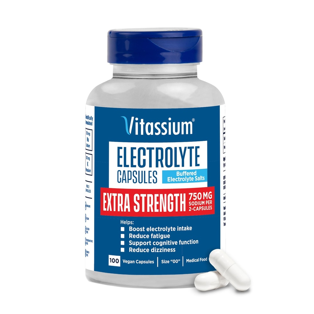Vitassium Extra Strength Elektrolyyttikapselit, 750 mg natriumia POTS:n ja korkeiden natriumdieettien hallintaan, makua sisältämättömät, 100 suolapilleriä (Koko 00)