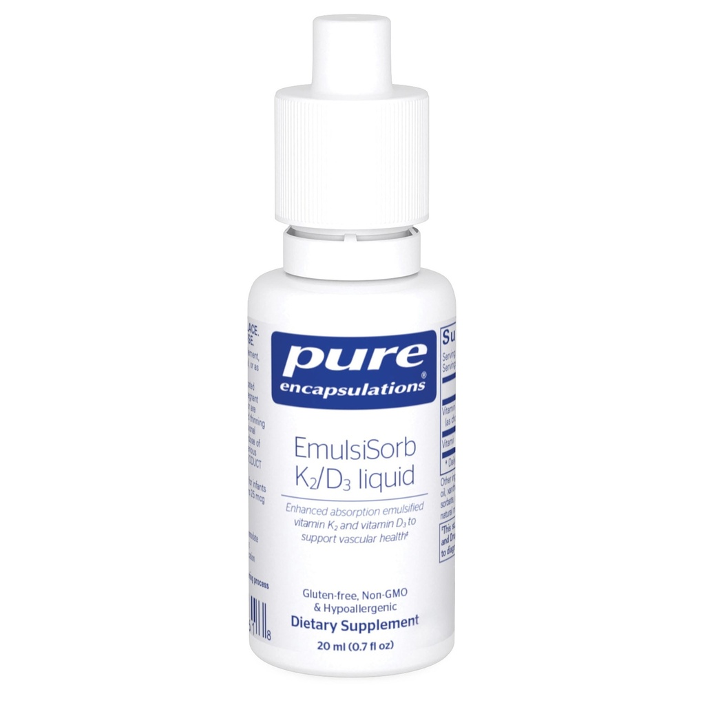 Puhtaat kapselit EmulsioSorb K2/ D3 neste Emulgointi Emulgoitu K2-vitamiini ja D3-vitamiini Verisuoniston terveystuki . 0.7 Fl Oz