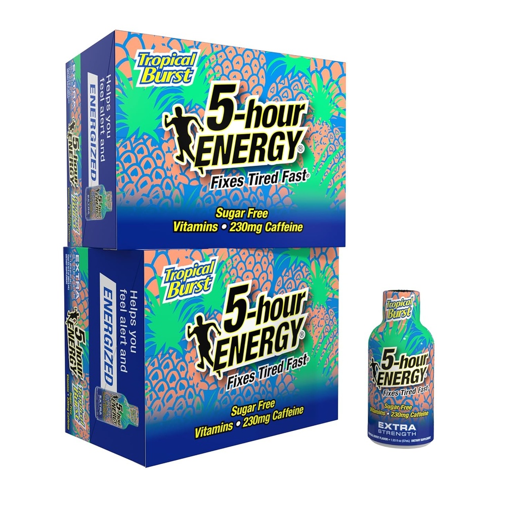 5 tunnin ENERGY Extra Strength Energy Shot, Tropical Burst Flavor (1,93 oz., 24 Count) Zero Calories & Sugar-free 230 mg kofeiiniton shot, aminohapot ja B-vitamiinit, ravintolisät