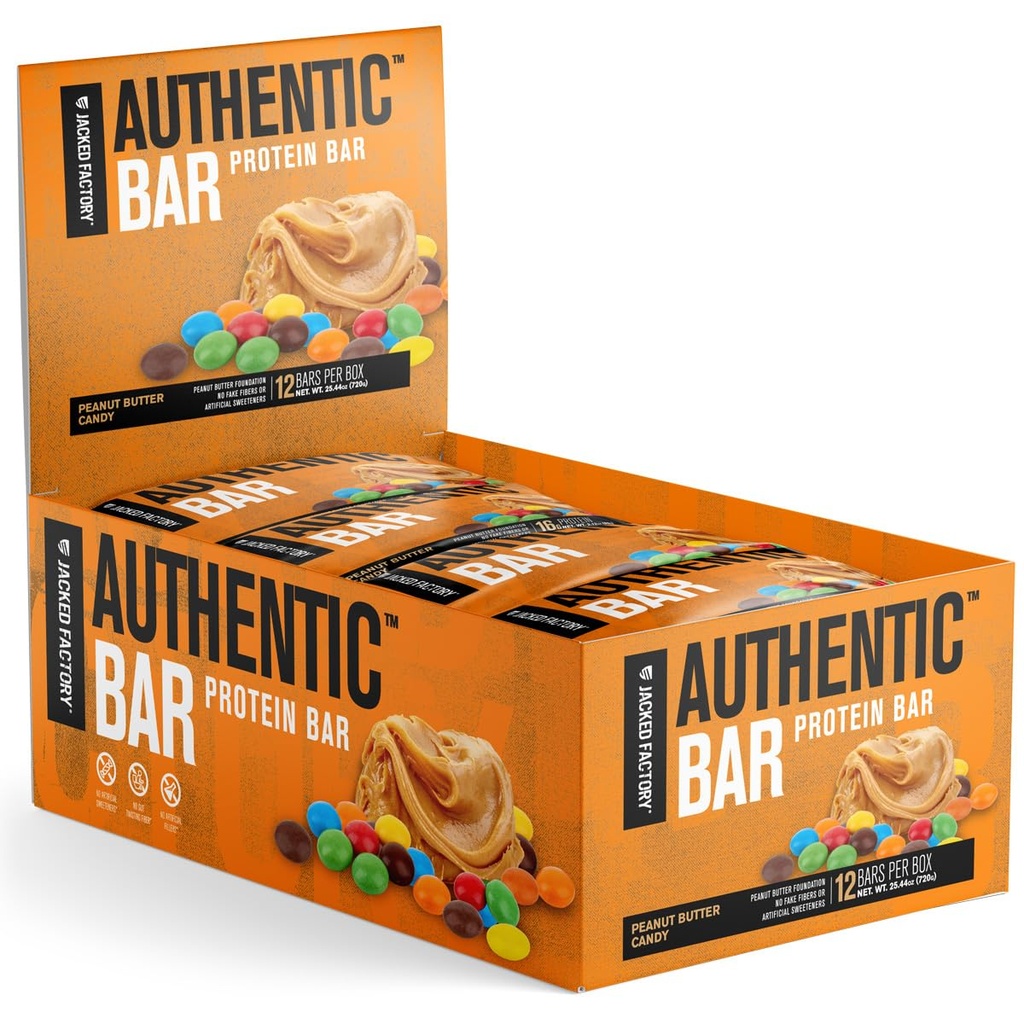Jacked Factory Authentic Bar Peanut Butter Candy Protein Bars - Maukasta Ateriankorvike Energy Bars w/ 16g Whey Protein Isolate, Natural Sugars from Pure Honey, Terve Fat - 12 Pack