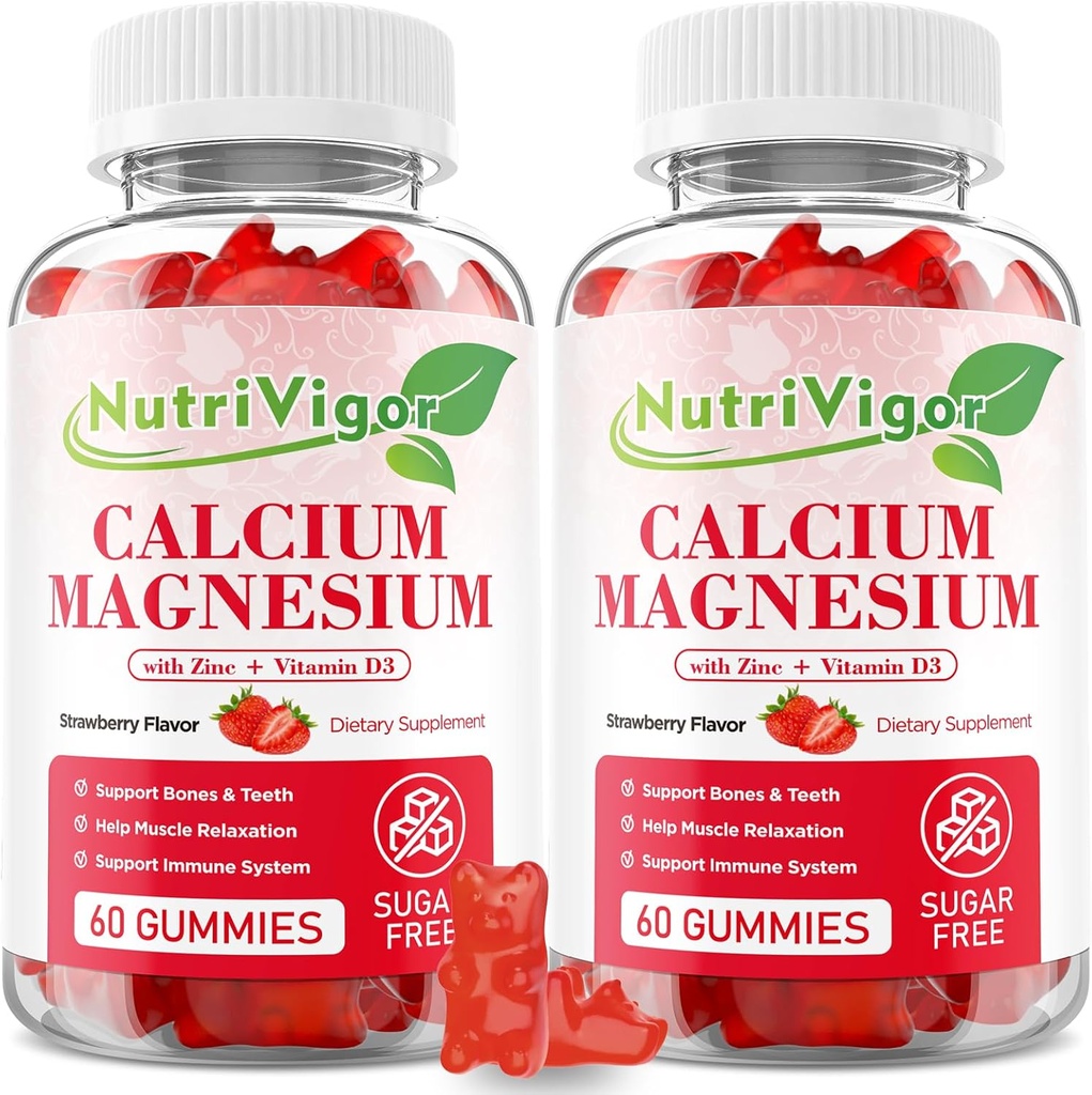 Calcium Magnesium Zink Gummies med High Absorption Magnesium 300mg, Calcium Supplement med D3 för ben, muskler och immunstöd för barn & vuxna, jordgubbsmak, 120 greve
