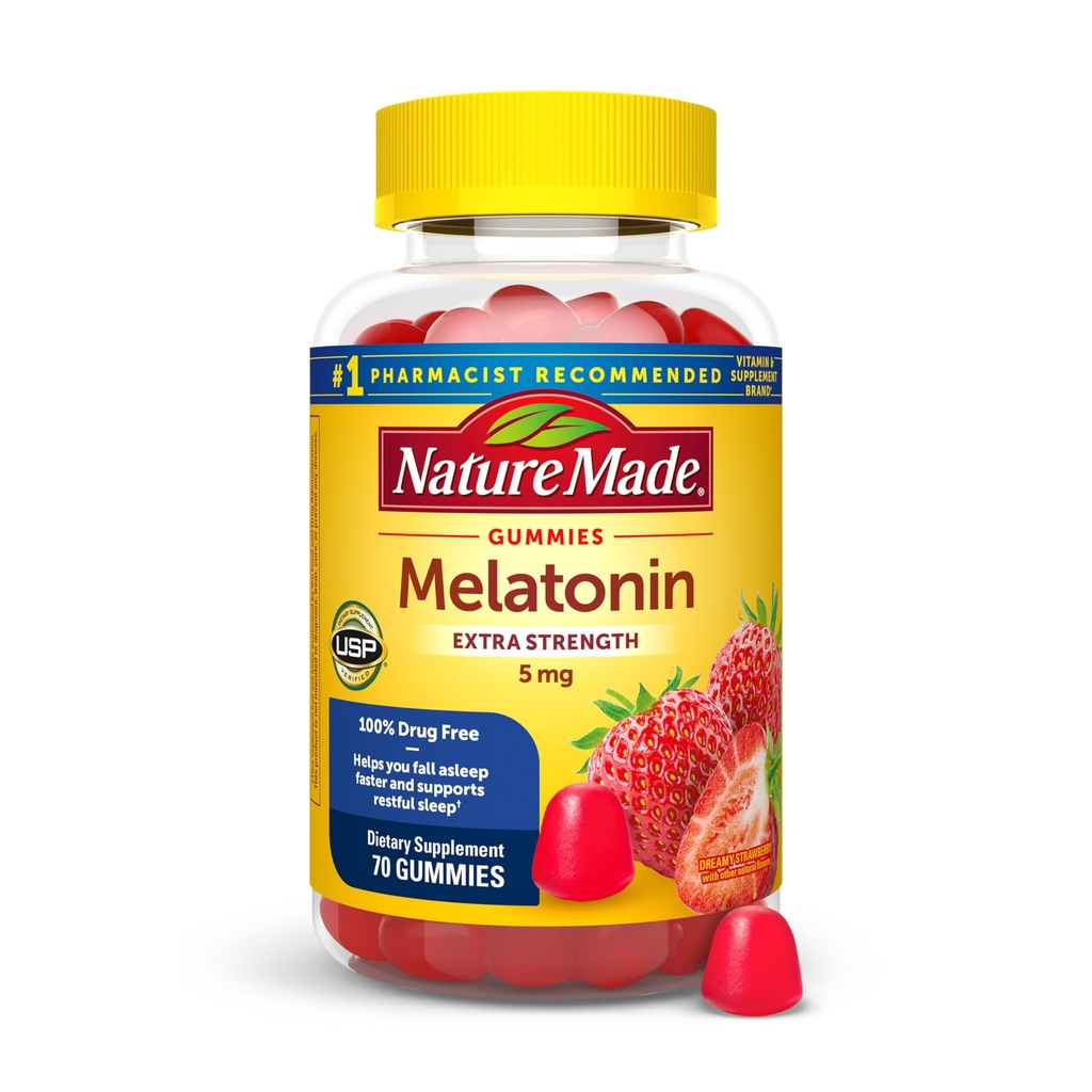 Nature Made Melatoniini 5 mg Adult Melatoniini Gummies, 100% Drug Free uniapu, 70 Gummies, Extra Strength Luonto Made Melatoniini