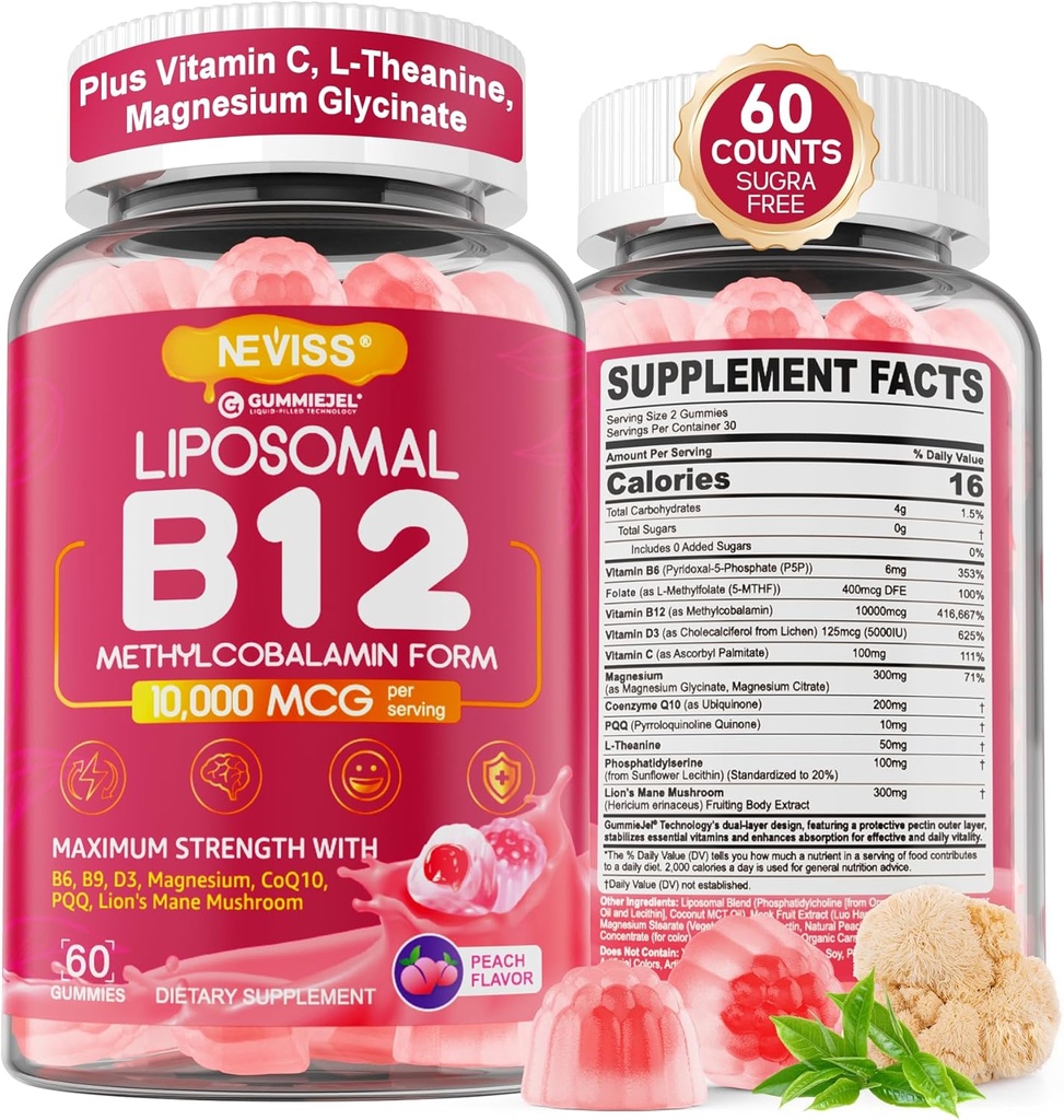 Metyyli-B12 Gummies 5000 mikrog/10000 mikrog w/L-Metyylifolaatti, B6, leijonan mane-sieni, CoQ10, PQQ, magnesium-Glycinate, ekstravahvuus Liposomaalinen B12-vitamiinikompleksi energia-, tarkennus-, aivo- ja immuniteetti-Back