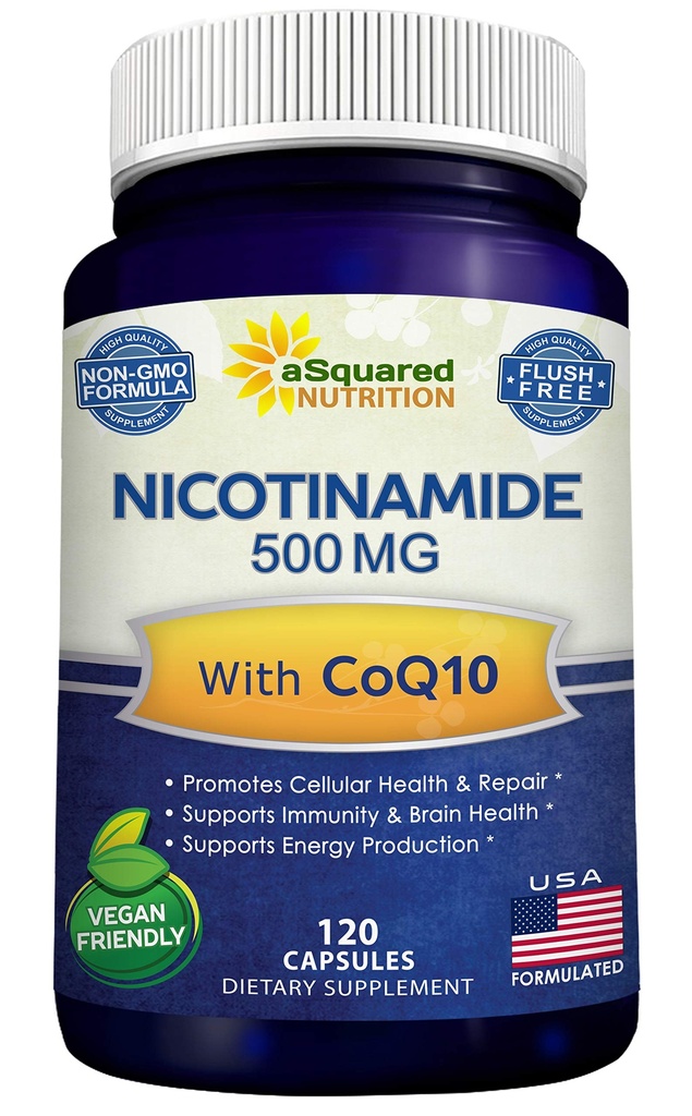 Nikotinamidi CoQ10 (120 kapselia) - B3-vitamiini 500 mg (Niasiiniamidin flush vapaa) - Coenzyme Q10 Powder - VIT B-3 & Coq 10 täydentää pillereitä tukea energiaa, NAD, & ihosolun terveys