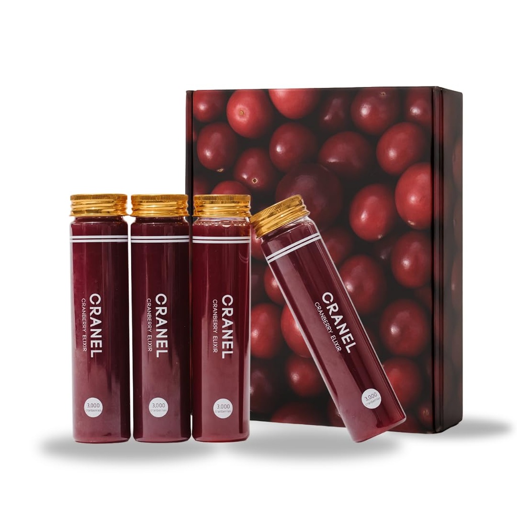 CRANEL UTI tuki Karpalo Elixir, 4X pullot (Kuukausittainen toimitus) Kliinisesti todistettu & antibioottivapaa, pakattu 3000 Real karpalot (Tart maku) Vegaani & ei-GMO, nolla lisättyä sokeria