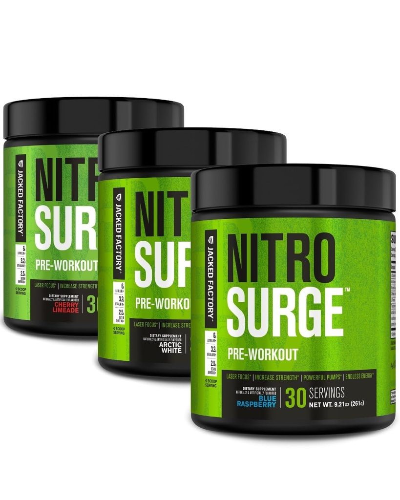 Jacked Factory NITROSURGE Pre harjoitus täydentää - loputon energia, Instant Strength Gains, Clear Focus, Intense Pump ... Cherry Limeade, Blue Raspberry, Arctic White (90 Servings)