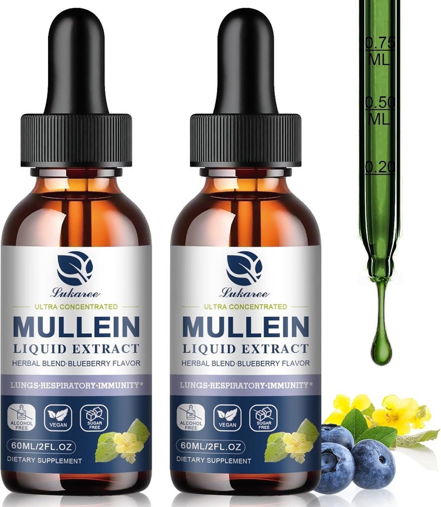 Mullein Drops for Keuhkot, Lung Detox & Cleanse, Vegan Mullein Leaf Extract Tincture with klorofylli Elderberry, jne, Natural Herbal Supplement for Hengitys, Immune, 60 Servings