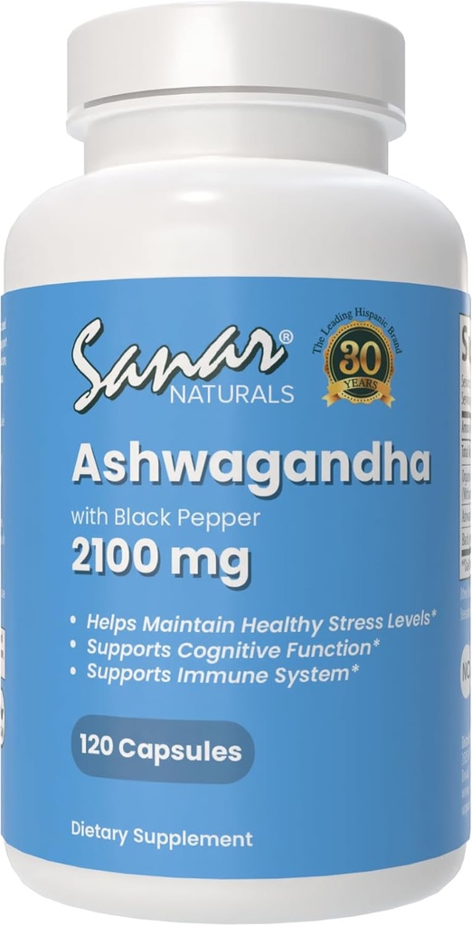 Sanar Naturals Ashwagandha 2,100 mg - Stress & Mood Support Supplement - främjar fokus och hållbar energi, Ashwaghanda Powder och Root Extract Blend med Black Pepper - Non-GMO, 120 kapslar