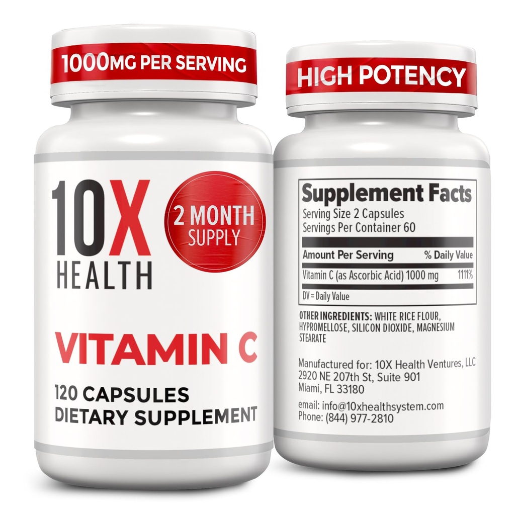 10X Hälso Vitamin C 1000mg - 120 kapslar Vitamin C, hög dos askorbinsyra för immunitet, antioxidantskydd, Collagen & Tissue Support för vuxna - VitaminC 1000 mg - Non-GMO, Gluten-Free