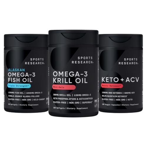 Sportforskning Triple Strength Omega-3 Fish Oil, Antarctic Krill Oil + Phospholipids, Choline & Astaxanthin Mini-Softgels, Keto Plus ACV 500mg av Apple Cider Vinegar & 1500mg goBHB Exogena Ketones