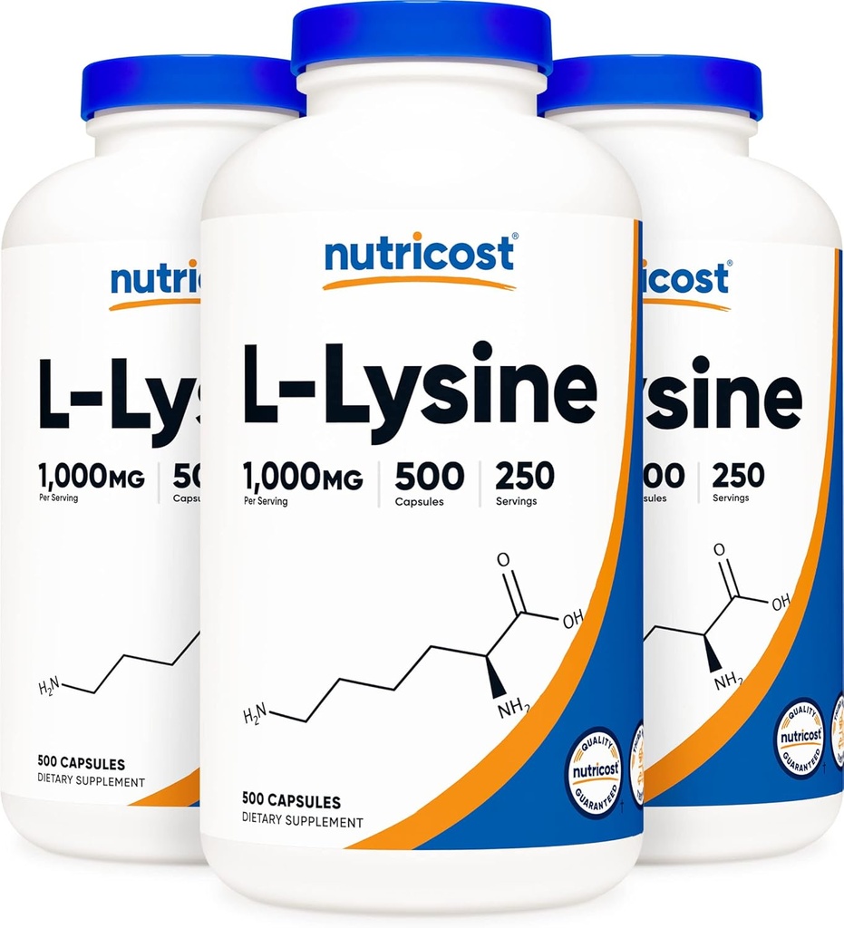 Nutricost L-Lysine 500 mg (1000 mg Serving), 500 kapselia (3 pulloa)