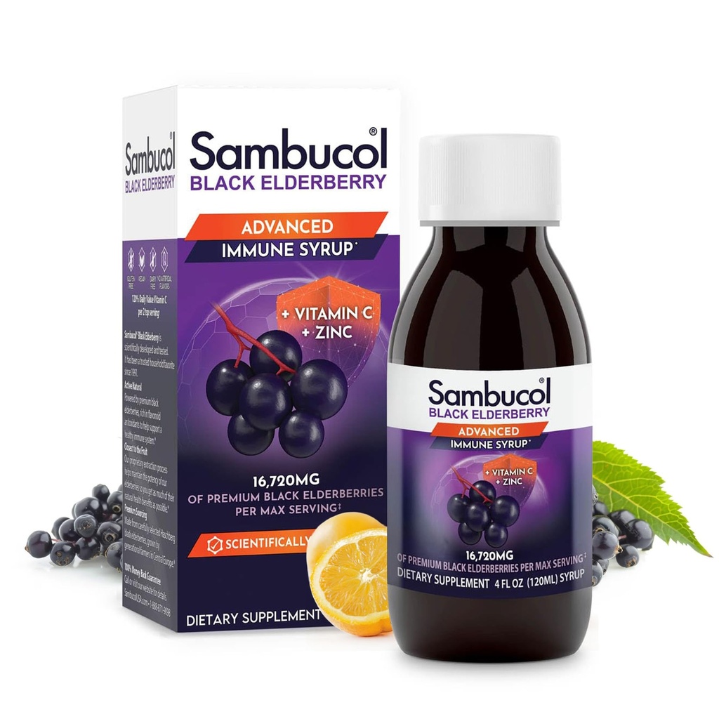 Sambuco Advanced Musta Elderberry Syrup - Elderberry sinkki ja C-vitamiini aikuisille, Sambucus Elderberry Syrup, Elderberry Liquid - 4 Fl Oz