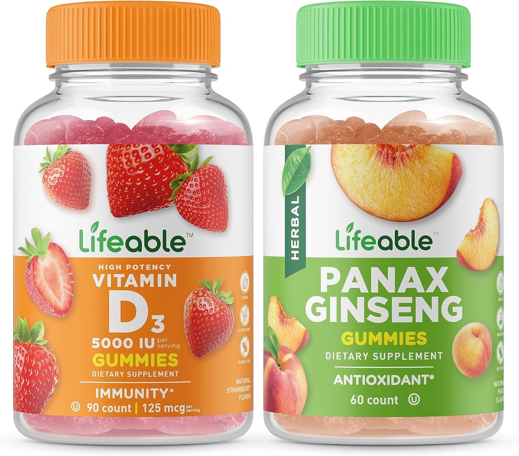 Elinkelpoinen D-vitamiini 5000 IU + Panax Ginseng, Gummies Bundle - suuri kastike, vitamiinilisä, gluteeniton, GMO-vapaa, purukumi