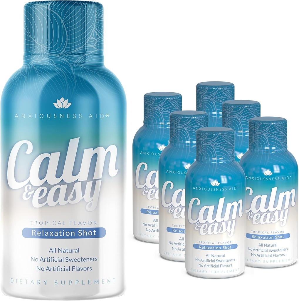 Calm & Easy - Natural Stress Relief Shot, KSM-66 Ashwagandha, Suntheanine L Theanine, Calming Adaptogen Drink, Rentoutuminen, Focus, ja Mieliala 2 oz Liquid Bottle (6 pakkaus)