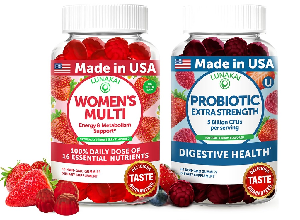 Lunakai USA Made Women Multivitamiini & Probiootti Gummies Bundle ... 16 Multi Vitamiinit & Probiootti digestion tuki 60ct Jokainen