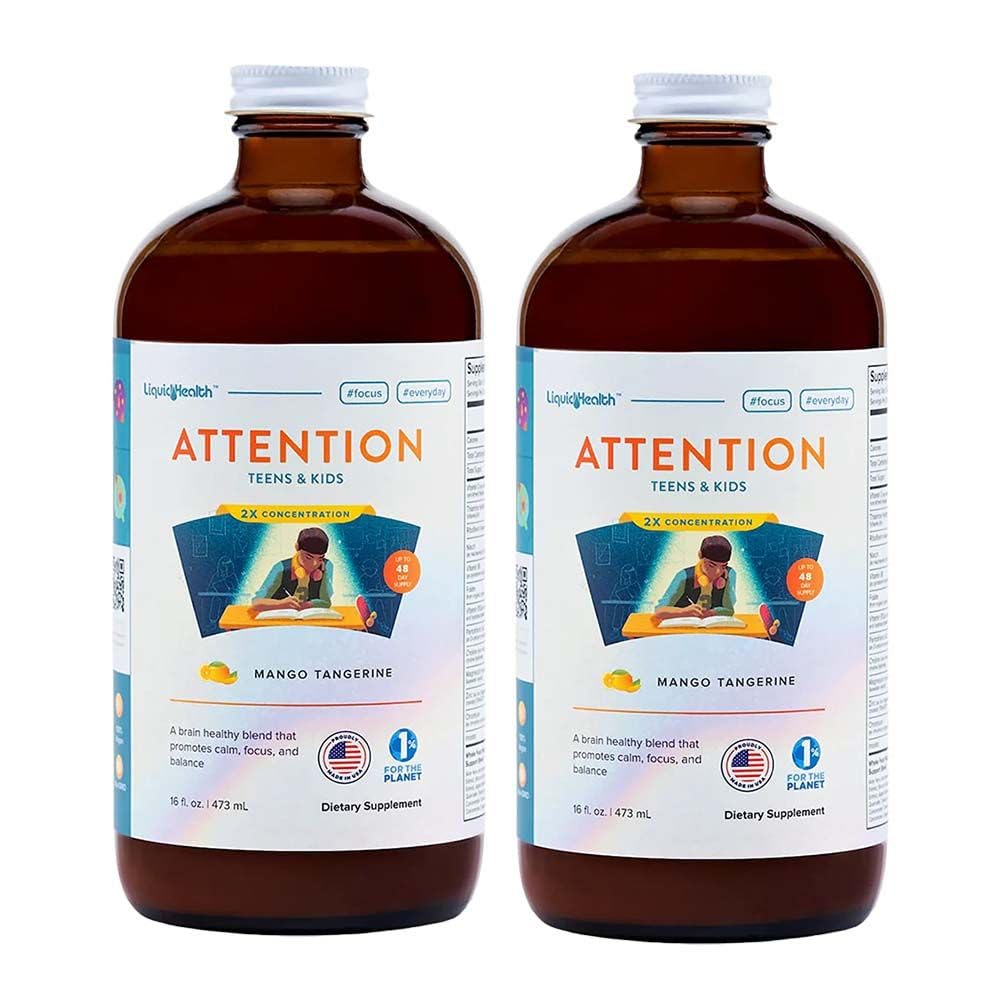 LIQUIDHEALTH Huomio, Liquid Multivitamiini lapsille & Teini - Parantaa muistin säilyvyys, keskittyminen, keskittyä, mieliala, rentoutuminen & rauhoittaminen - Valmistettu Yhdysvalloissa, Suuri maku, kasvis, sokeriton (2 pakkaus)