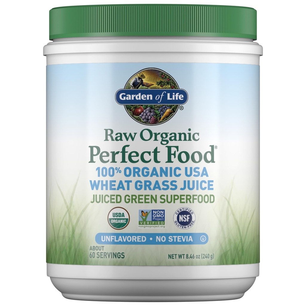 Puutarha Life Raw Organic Perfect Food 100% Organic USA Wheat Grass Juice - Juiced Green Superfood Greens Powder, 60 Tarjoilut - Stevia-free, ei-GMO, Vegaani, Gluteeniton Ruokalisä