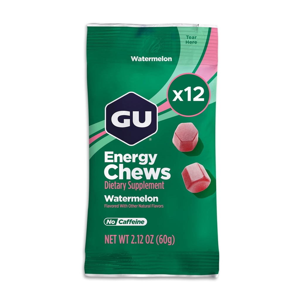 GU Energy Chews, Watermelon Energy Gummies Electrolytes, Vegan, Gluteeniton, Kosher, kofeiiniton, ja Dairy-Free On-The-Go energiaa tahansa workout, 12 pussia (24 tarjoilua yhteensä)