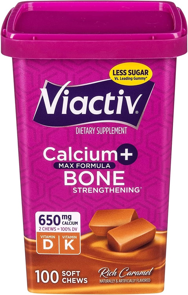 Viactiv Max Formel Calcium +Vitamin D3 Supplement för Benhälsa, Rich Caramel, 100 Mjuka Chews - 6 Pack
