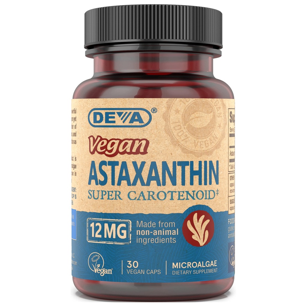 DEVA-ravintovitamiinit Astaksantiini 12 mg, Vegan, Hematococcus Pluvialis Microalgae, 30 kapselia, 1- pakkaus