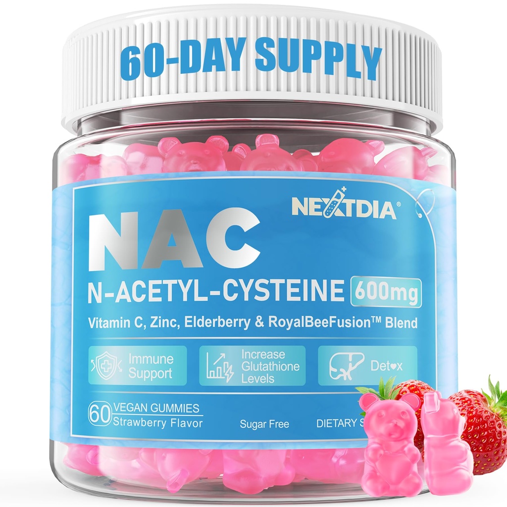 Nextdia NAC Gummies for Kids & Adults, Chewable N-Acetyl Cysteine Supplement 600mg 1000mg w / vitamin C, Zink, Elderberry för antioxidanter & Immune Support, Lung & Liver Health, Sugar Free, 120 Ct