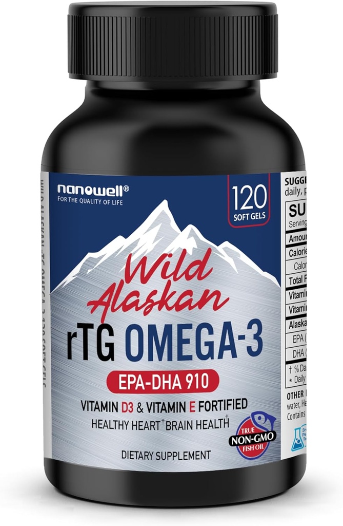 NANOWELL Wild Alaskan rTG Omega-3 Fish Oil 1196mg - EPA, DHA, vitamiini D3 & E - 120 Softgels, 60 päivän tarjonta