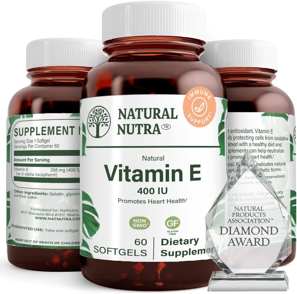 Natural Nutra Vitamin E 400 IE Supplement, Enrich Health Nutrients, främjar hudhälsa, förbättra hår och naglar tillväxt, stöder kroppsfettnivå, hjälper hjärthälsa och skyddar hudtextur, 60 mjuka geler