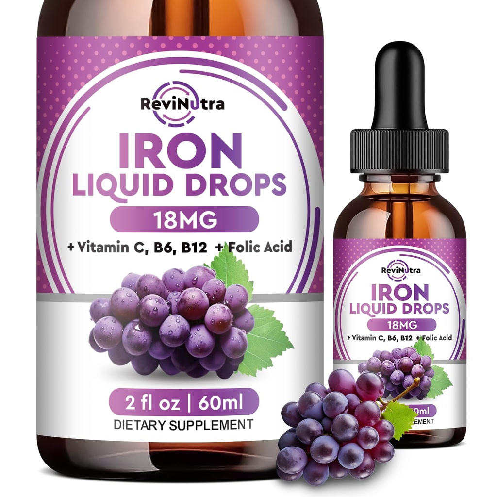Liquid Iron Supplement for Women, Miehet & Kids - Liquid Iron Drops Folate, C-vitamiini, B6, B12 Anemia, Punainen verisolu, energiatuki - Rypäleen maku, 2 Fl Oz