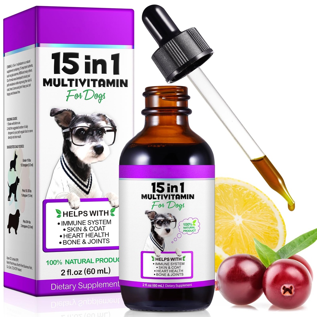 Dog Multivitamin,15 i 1 Dog Multivitamin Liquid Drops Supplements, Dog Vitaminer för hjärthälsa, ben, gemensamma, hud och rock, blåsa, immunsystem Support 60ml
