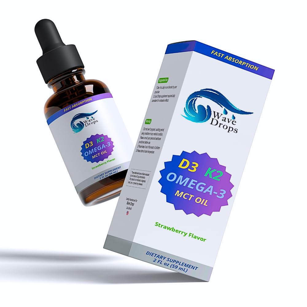 Maximum Strength D3- ja K2-vitamiini + MCT Öljy & Omega 3: Nestemäiset tihkurat immuunijärjestelmään, aivojen toiminta & energia (Ei täyteaineita, ei-GMO, 2 Fl Oz)