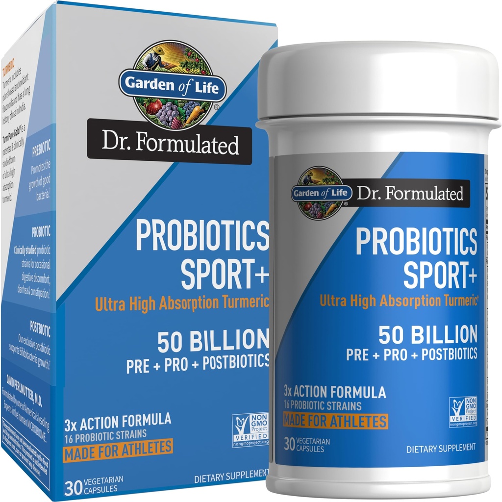 Garden of Life Dr Formulerad Sportprobiotika Digestive Supplement, organisk prebiotika för kvinnor och män idrottare, kliniskt studerad gurkmeja Curcumin, 50 miljarder CFU, Gut Health, Acidophilus, 30ct