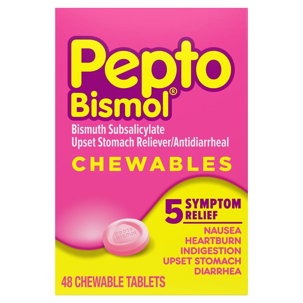 Pepto Bismol purutabletteja pahoinvointia, närästystä, ruoansulatushäiriöitä, vatsavaivat ja ripuli - 5 Oireet nopea helpotus, alkuperäinen makua, 48 lla