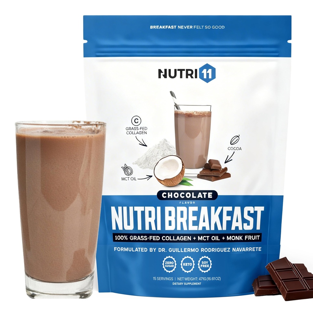 NutriBreakfast by Nutrillermo/Keto Protein Collagen Powder with MCT Oil/MCT Oil Powder/Keto Collagen Peptides with Grass-Fed Naudan kollageeni tyyppi I & III (15.9, Chocolate)