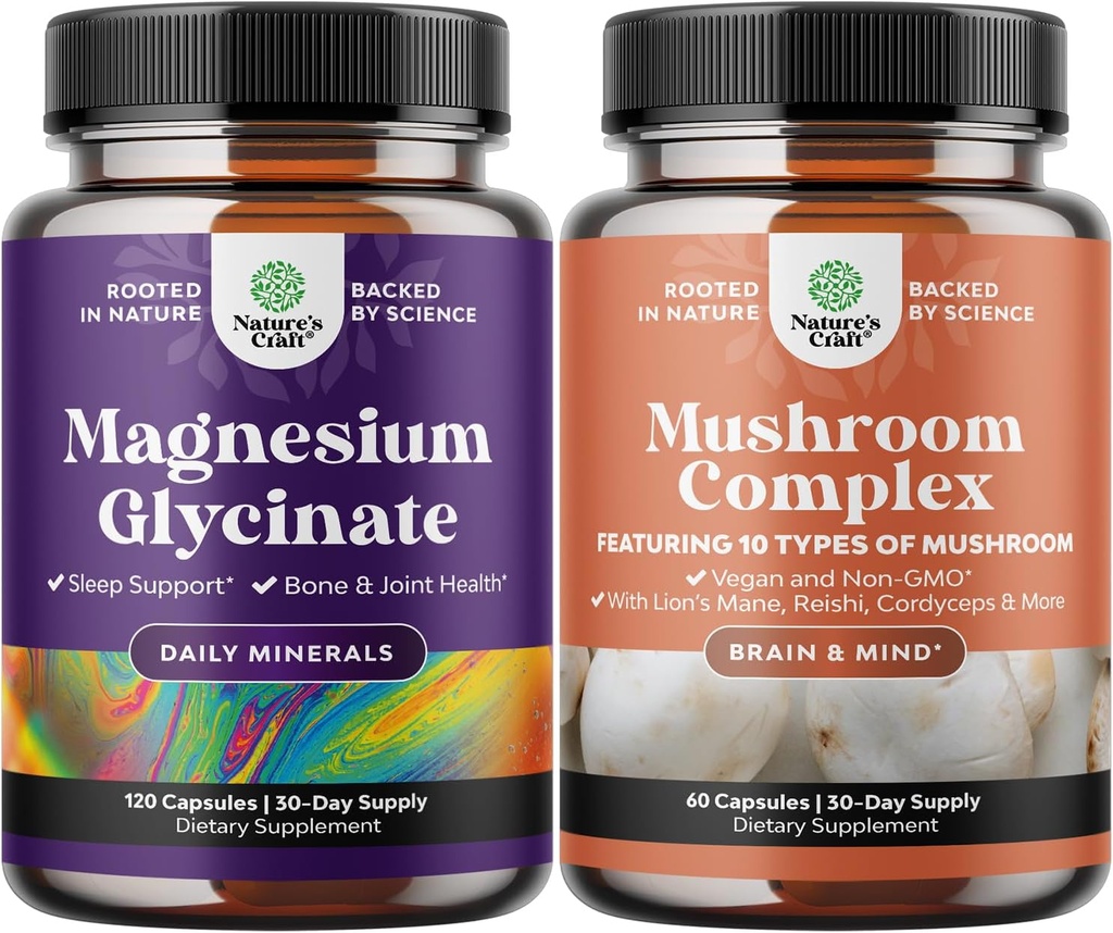 Magnesium Glycinate kapselit Mineraali- ja nootrooppinen aivojen Focus Mushroom - Immuunituki Bone Health Mood Support - 10X Sieni Blend sokeritasapainon ja mielenfocus