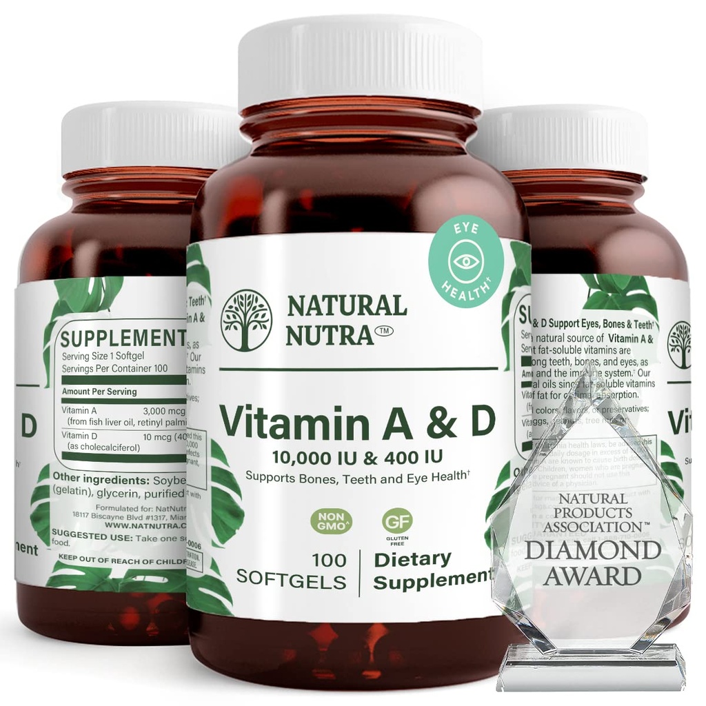 Natural Nutra Vitamin A och D, stöder benhälsa och förbättra ögonhälsa, främjar stark tänder, förbättrar vitalitet, källad från Cod Liver Oil, stöder övergripande hälsa, 10000IU / 400IU, 100 Softgels