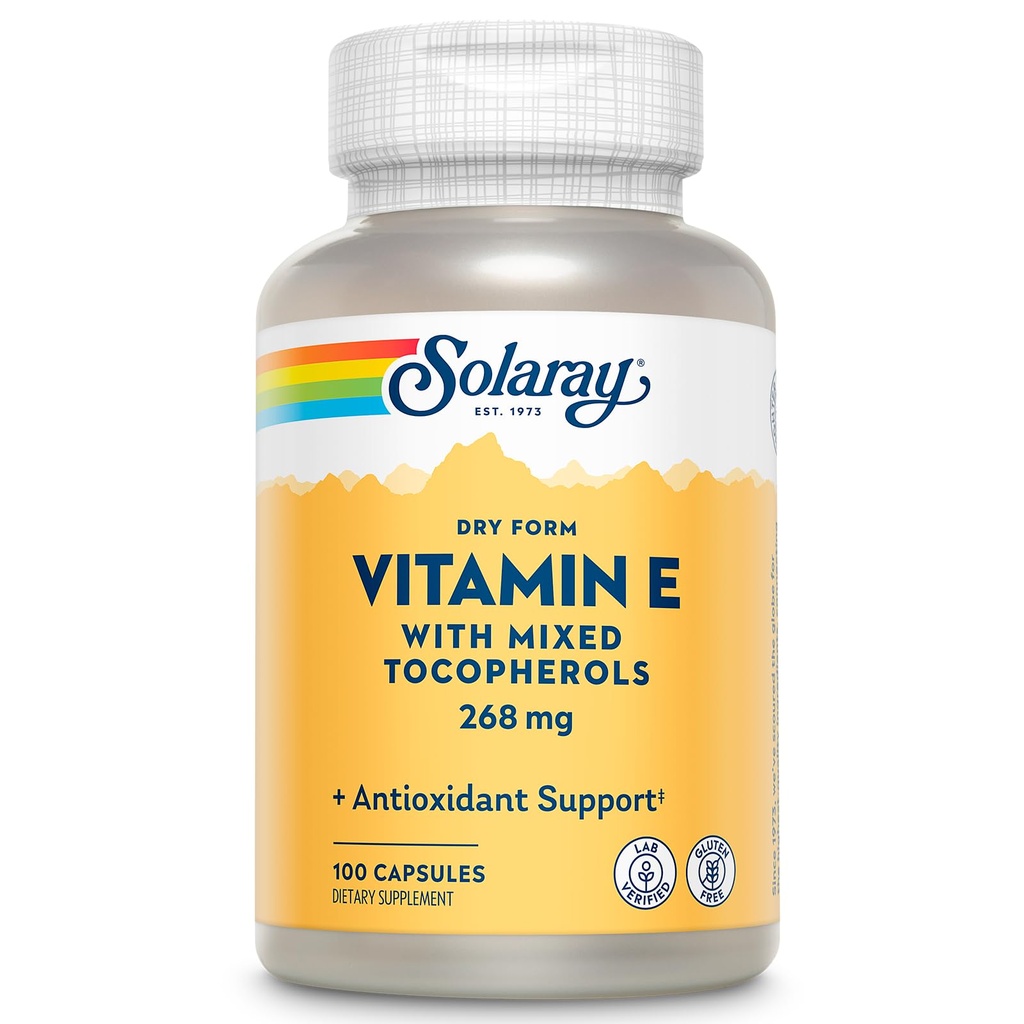 SOLARAY Vitamin E 400 IE (268mg), Torr form - Naturlig källa, blandade tokoferoler Vitamin E - Antioxidant Supplement, PMS och klimakteriet Support - 60-dagars garanti, Lab Verified - 100 Serv, 100 kapslar