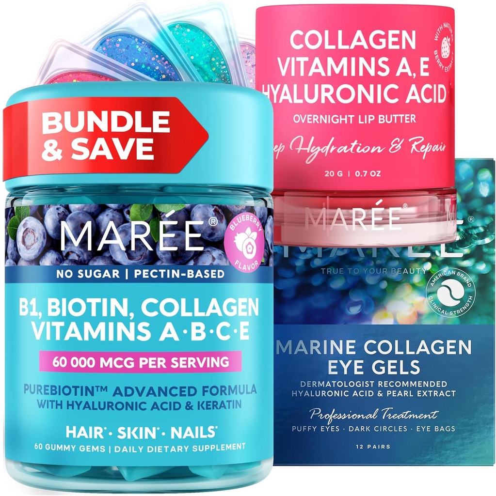 MAREE Bundle - Vitamin B1 Thiamine Gummies, Lip Mask, Under Eye Gels - A, E, D, C Vitamins - Collagen & Hyaluronic Acid - Komplex för hud, naglar, hår - mask för torra läppar - Gels för Puffy Eyes