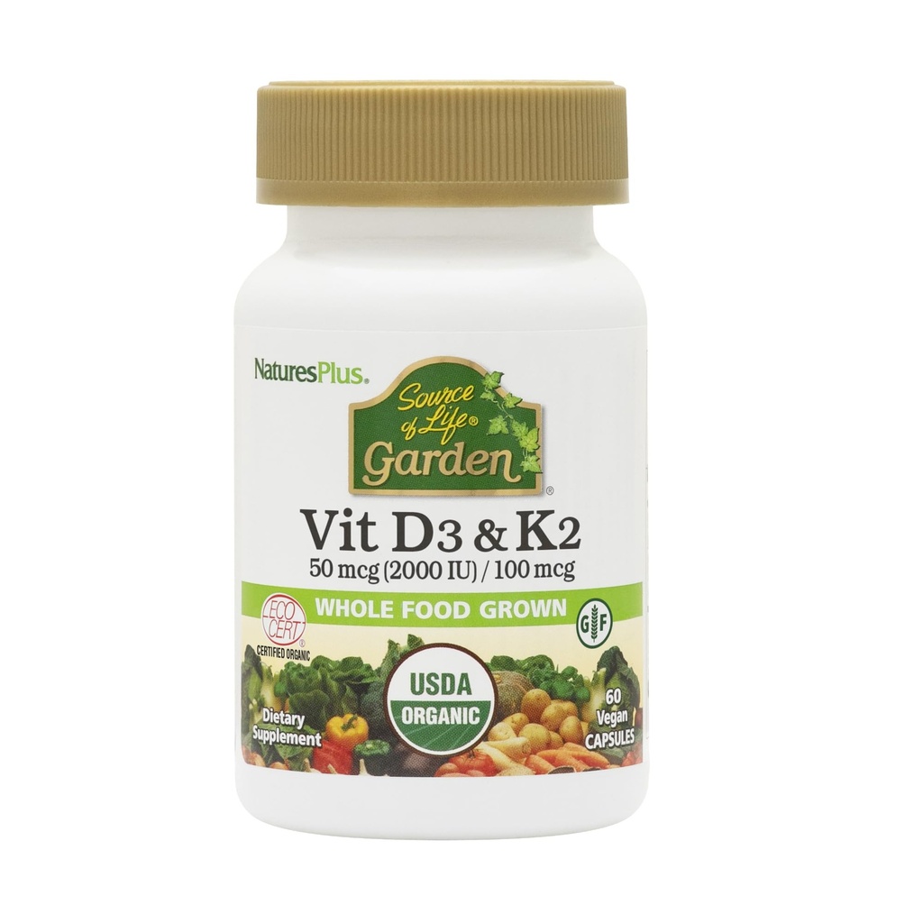 Natures Plus Source of Life Garden Vitamin D3 & K2-60 Vegan kapslar - främjar benstöd, immunfunktion, kardiovaskulär hälsa och humörbalans - Vegan, Glutenfri - 60 portioner