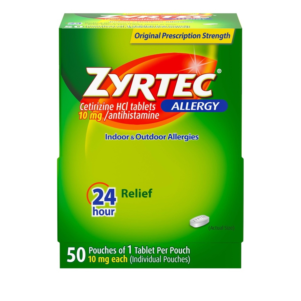 Zyrtec 24 timmars allergi lättnad tabletter, individuellt inslagna inomhus och utomhusallergimedicin med 10 mg Cetirizine HCl per antihistamin tablett, 1 tablett per pack, 50 ct Dispensit Pack