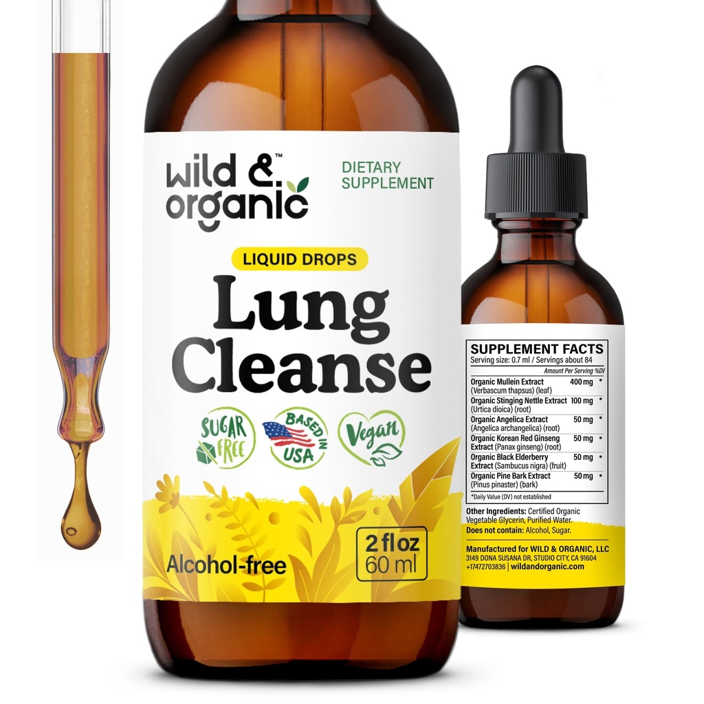 Wild & Organic Lung Cleanse Tincture - Mullein Leaf Extract keuhkoihin - Herbal Detox Lisäravinteet - Vegaani, Sokeri & alkoholiton Mullein Drops - 2 fl oz