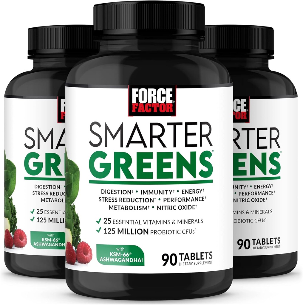 FORCE FACTOR Smartter Greens Tabletit, 3- pakkaus, vihreät täydentää 25+ Superfoods ja antioksidantteja parantaa digestiota, vähentää stressiä, vahvistaa immuniteettia ja tukea aineenvaihduntaa, 270 tablettia