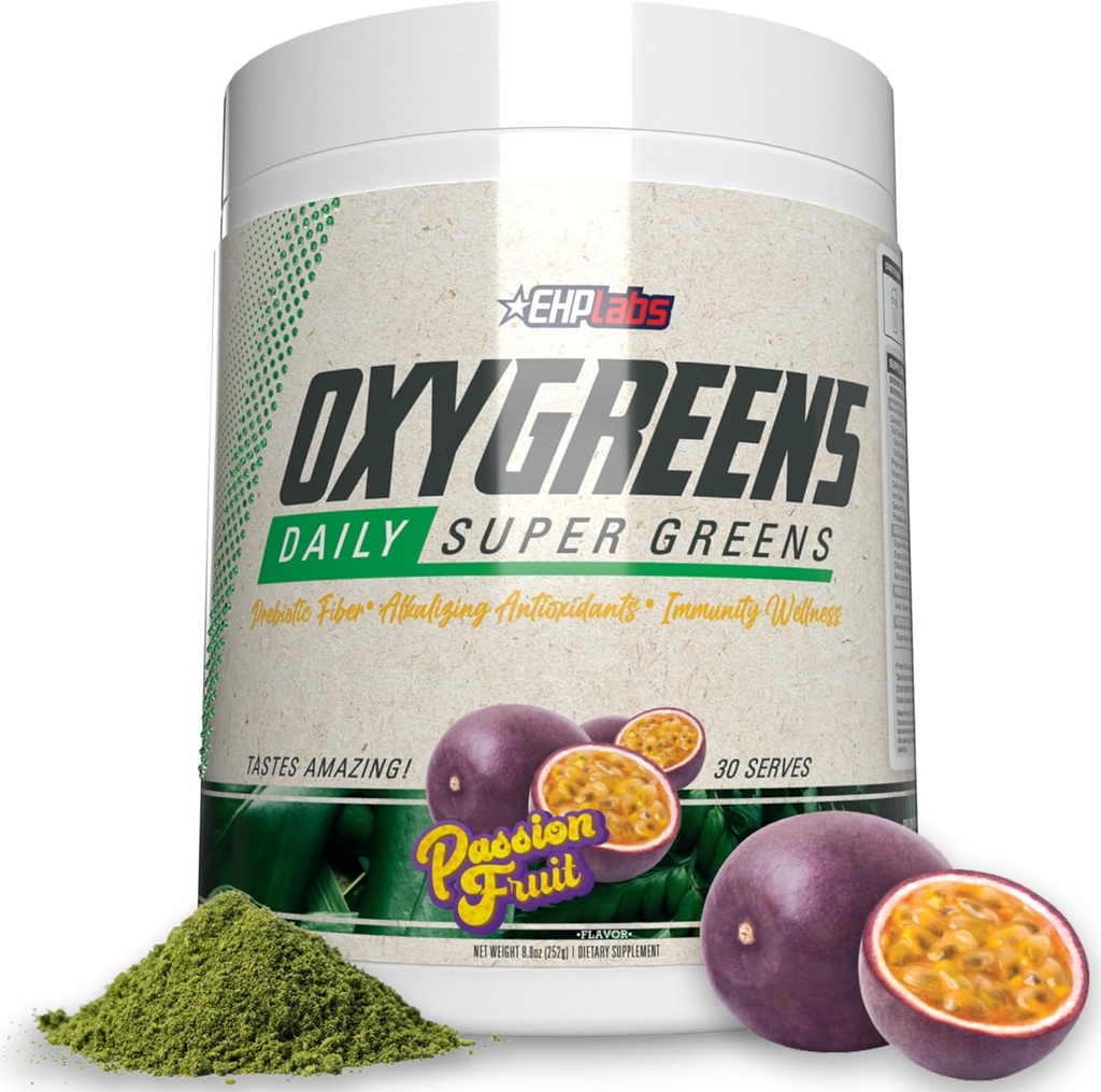 EHP Labs OxyGreens Super Greens Powder - Spirulina & Chlorella Superfood, Green Juice Powder & Greens Supplements med Prebiotic Fiber, Antioxidanter & Immunity Support, 30 Serves (Passionfruit)