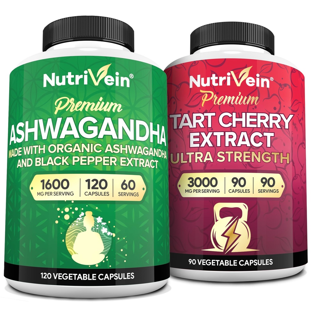 Nutrivein Premium Ashwagandha kapselit & Tart Cherry kapselit Bundle: High-Absorption Tart Cherry Extract ja Ashwagandha täydentää Recovery, Balance, ja Vitality