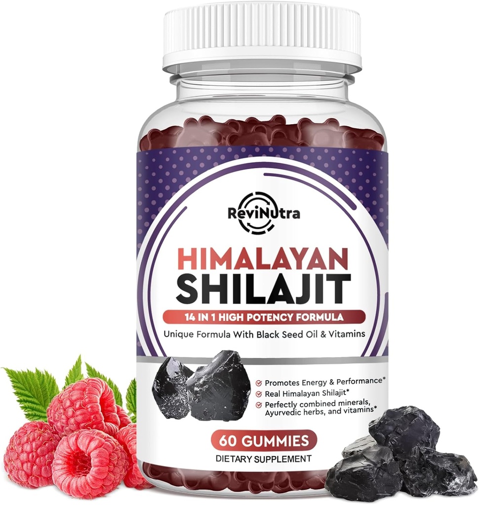 Shilajit Gummies - Himalayan Organic Shilajit Supplement 14-i-1 Komplex med Black Seed Oil & Ayurvedic Herb Blend, Fulvic Acid för Män & Kvinnor - för energi, kognitiv och immunitetssupport