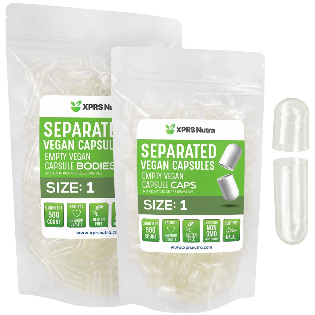 XPRS Nutra Vegan Size 1 Separerade kapslar - 500 greve Premium Empty Capsules Separerade i väskor - Clear Pills 1 Tomt för DIY Supplement Fyllning