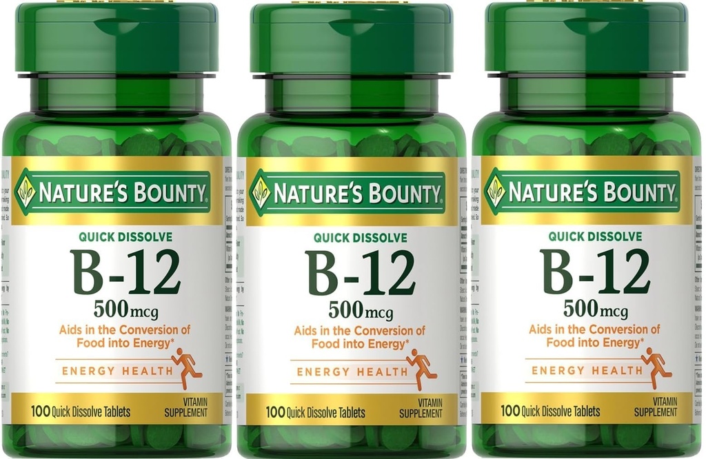 Nature's Bounty B-12 Nopea liuotus Tabletit 500 Mcg, 300 tablettia (3 X 100 Count Bott Bottles)