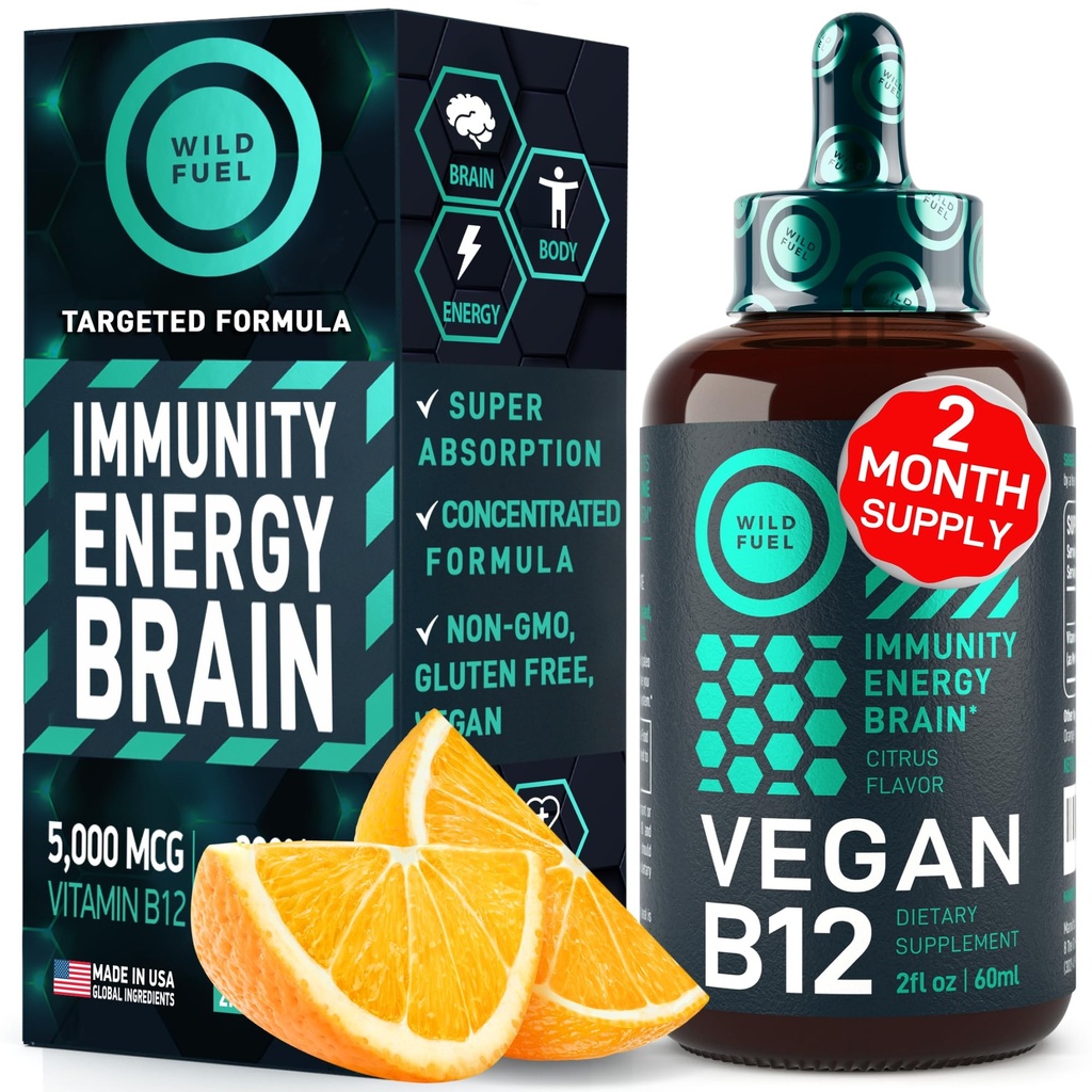 Vegaani B12-vitamiinin nestetippa - Nopeasti toimiva B12-reseptorinen 5000 mikrog metyylikobalamiini täydentää - energia-, muisti- ja mielialatuki - korkea teho Yksi-dropper per päivä - luonnollinen Citrus Flavor - 2oz