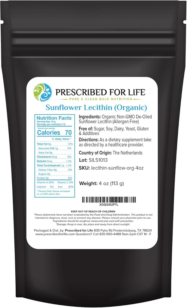 Förskriven för Life Organic Sunflower Lecithin Powder, Natural, Gluten Free, Vegan, Non GMO, Soy Free, Kosher, Lecithin Supplement Rich i Choline & Essential Fatty Acids (4oz / 113g)
