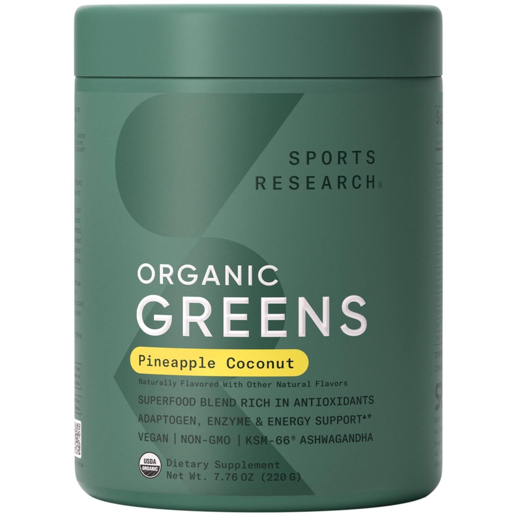 Sports Research® Organic Ananas Coconut Greens - Dgestive Health, Natural Energy & Mood Support* - Certified Organic Powder - 20 Servings